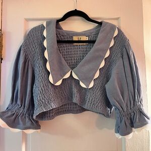 Fashion Brand Company Blue Ruffle Collar Crop Top